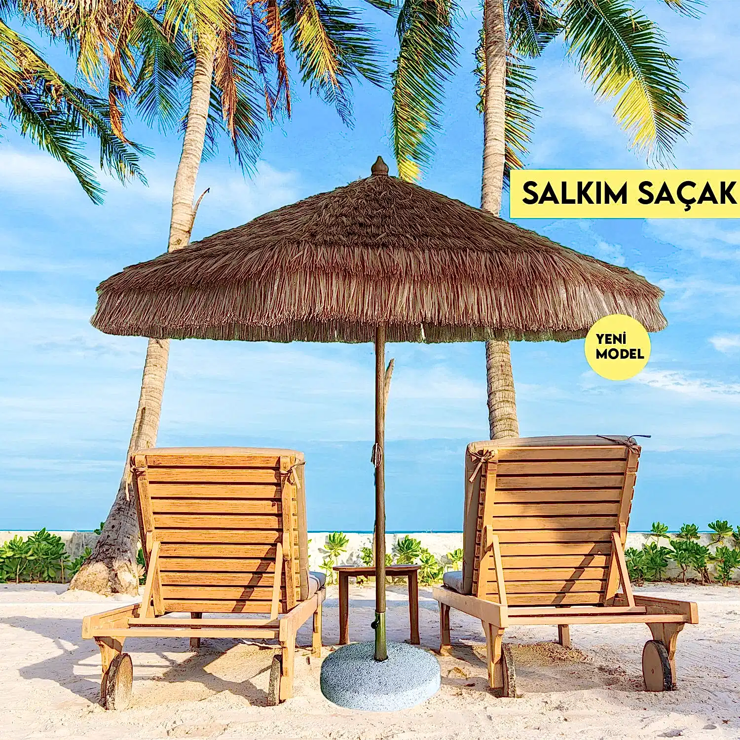 2.5 Metre Yuvarlak İroco Ahşap Gövdeli Bohem Saz Şemsiye