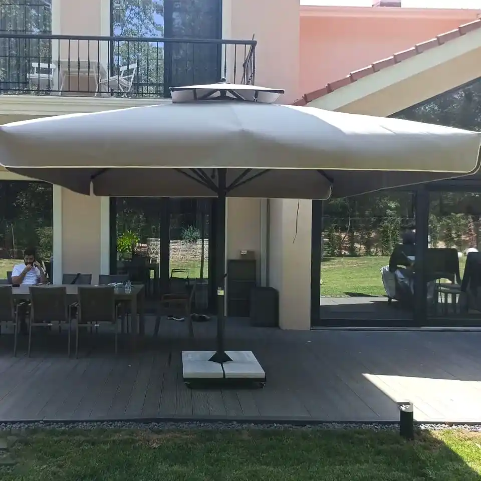 3,5x3,5 Teleskopik Eko Model Şemsiye Saçaklı Polyester Dokuma Kumaş Krem Renk